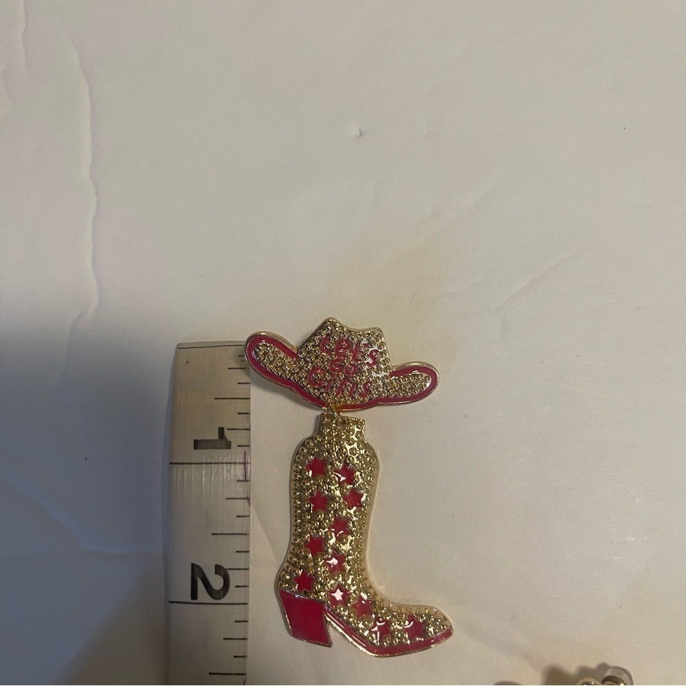 Cowboy Hat Boots Earrings Let’s Go Girls Concert Hoedown New Hot Pink Gold - Picture 7 of 16